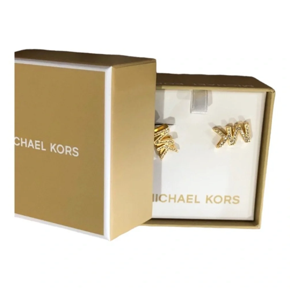 Michael Kors round crystal rhinestone embellished MK logo monogram stud earrings